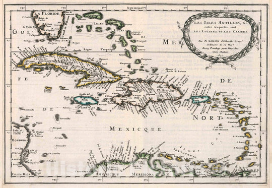 Historic Wall Map : Cuba, Caribbean, West Indies Les Isles Antilles, Entre lesquelles sont les Lucayes et les Caribes, 1657 Atlas , Vintage Wall Art