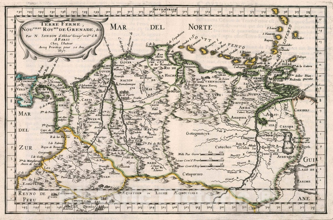 Historic Map : Venezuela, , South America Terre Ferme, Nouveau Royme de Grenade, c, 1657 Atlas , Vintage Wall Art