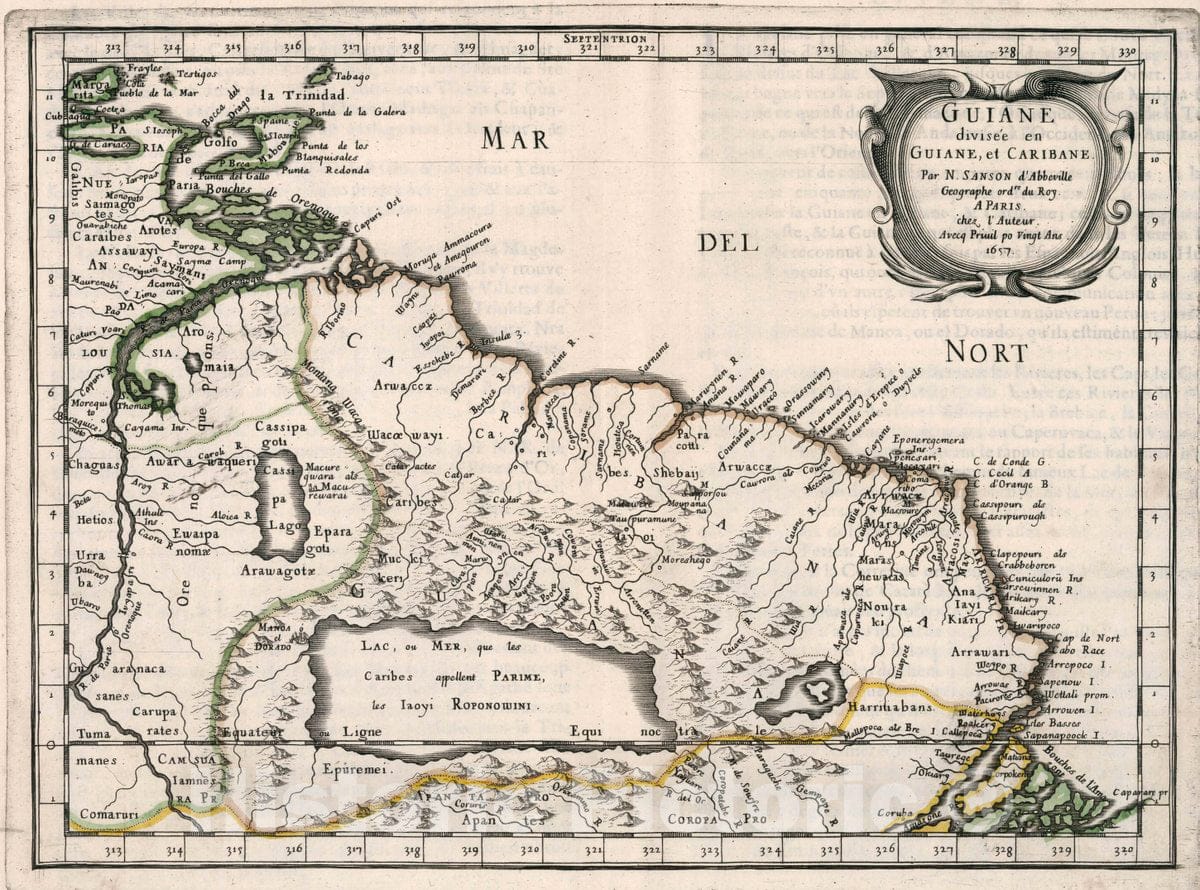 Historic Map : Guyana, , South America Guiane divisee en Guiane, et Caribane, 1657 Atlas , Vintage Wall Art