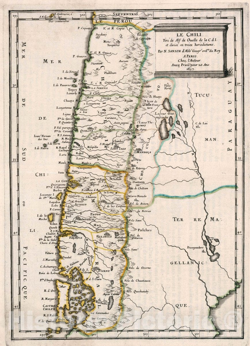 Historic Map : Chile, Le Chili, tire de Alf de Qualle de la C.d.I. et divise en trieze jurisdictions, 1657 Atlas , Vintage Wall Art