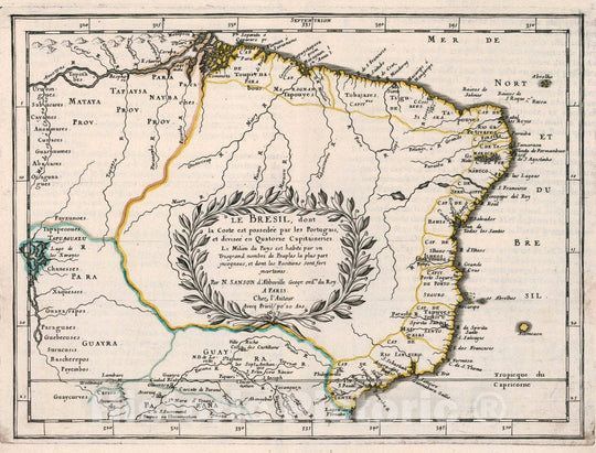 Historic Map : Brazil, Le Bresil, Dont la Coste est possedee par les Portugais et divisee en Quatorze capitanieries, 1657 Atlas , Vintage Wall Art