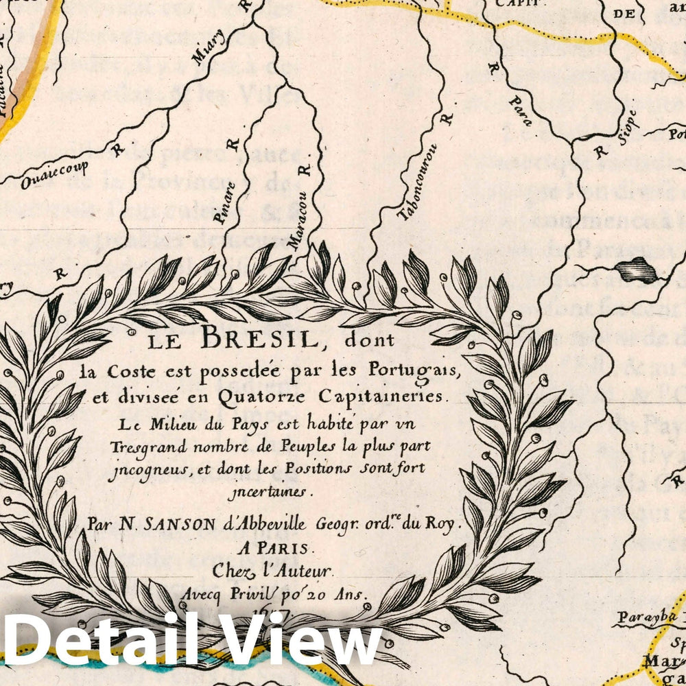 Historic Map : Brazil, Le Bresil, Dont la Coste est possedee par les Portugais et divisee en Quatorze capitanieries, 1657 Atlas , Vintage Wall Art