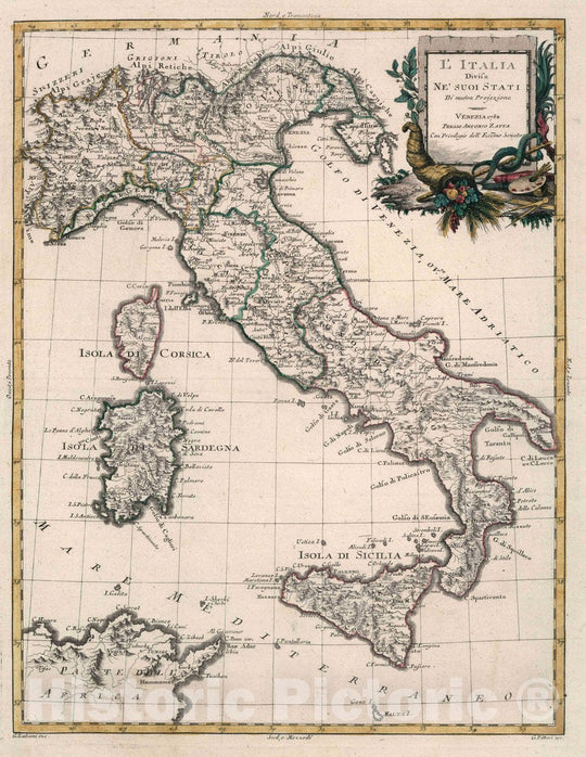 Historic Map : Italy, L'Italia : Divisa ne' suoi stati : Di Nuova projezione. Venezia 1782., Vintage Wall Art