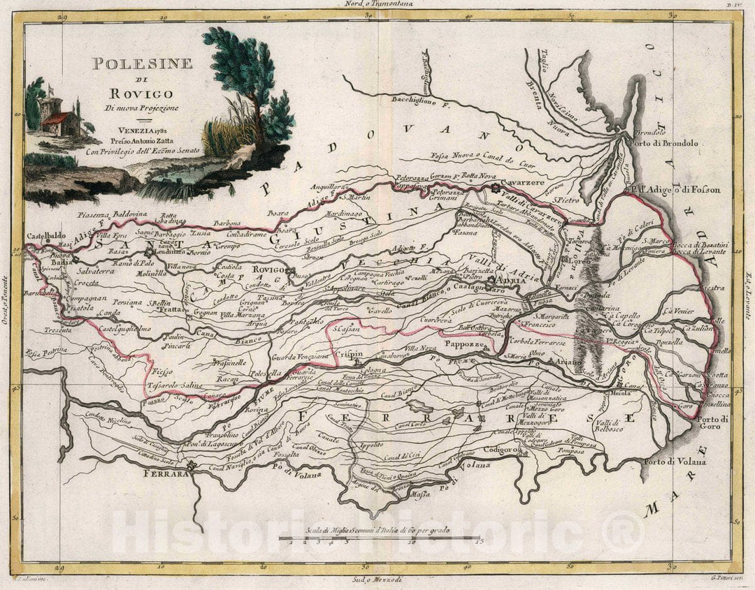 Historic Map : Italy, Polesine di Rovigo : Di Nuova projezione. Venezia 1782. Presso Antonio Zatta. G. Zuliani inc. G. Pitteri scr, 1782 Atlas , Vintage Wall Art