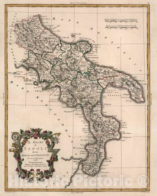 Historic Map : Italy, Naples Region (Italy) Il Regno di Napoli diviso Nelle sue Provincie : Di Nuova Projezione. Venezia 1782, Vintage Wall Art