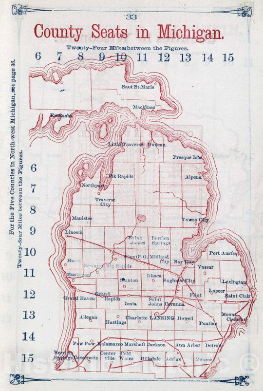 Historic Wall Map : 1866 County Seats in Michigan. Larrance's Post Office Chart, and maps of Ten States - Vintage Wall Art