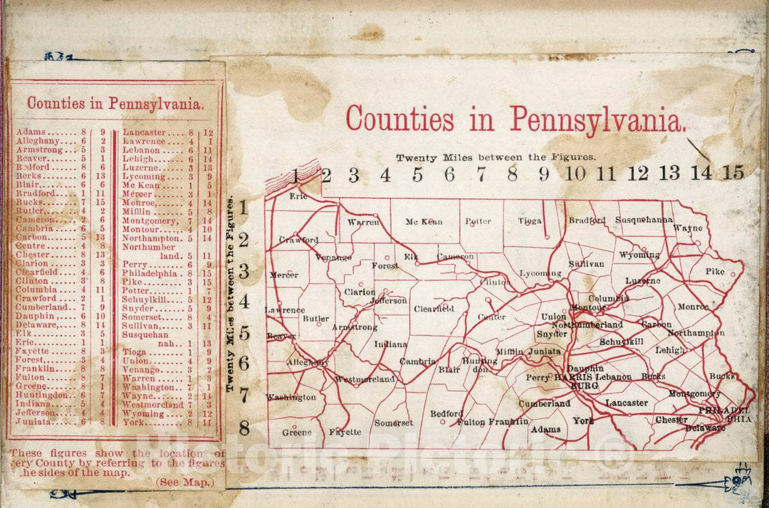 Historic Wall Map : Counties in Pennsylvania. Larrance's Post Office Chart, and maps of Ten States, 1866 Atlas - Vintage Wall Art