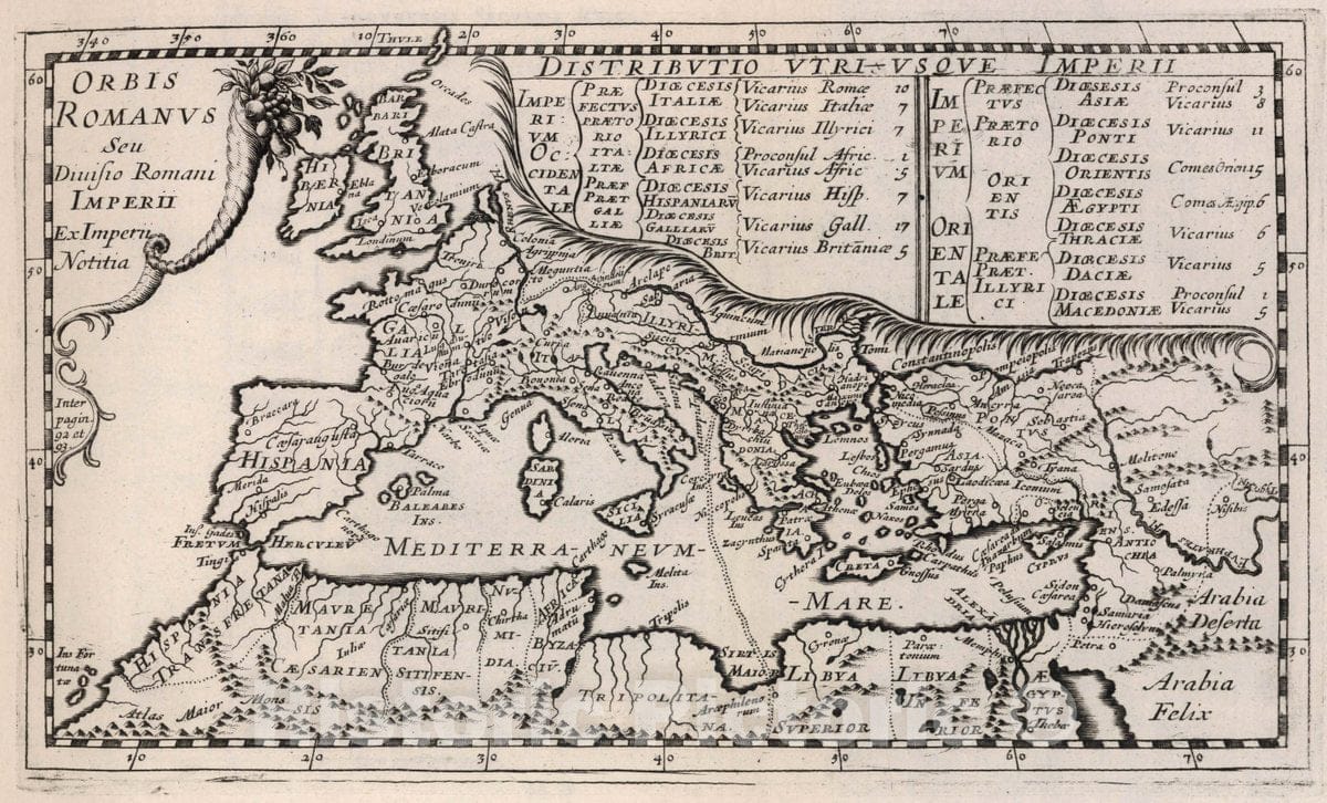 Historic Map : Mediterranean Sea Orbis Romanus Seu Diuisio Romani Imperii ex Imperii Notitia. , Vintage Wall Art