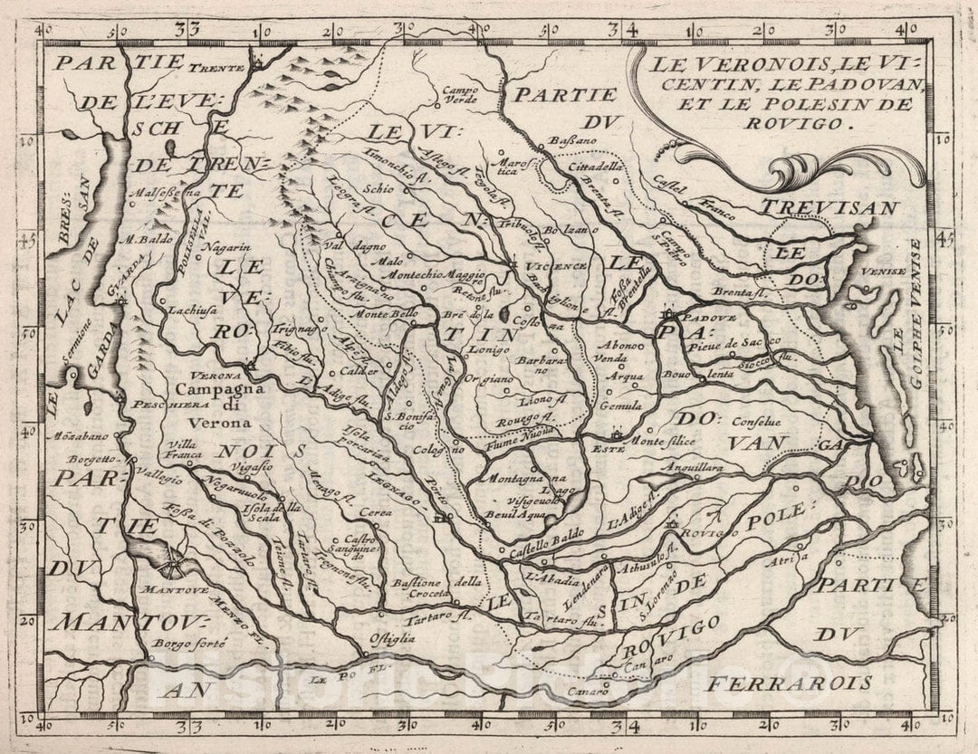 Historic Map : Mouth of Po River (Italy) Le Veronoise, Le Vicentin, Le Padovan, et Le Polesin de Rouigo, 1649 , Vintage Wall Art