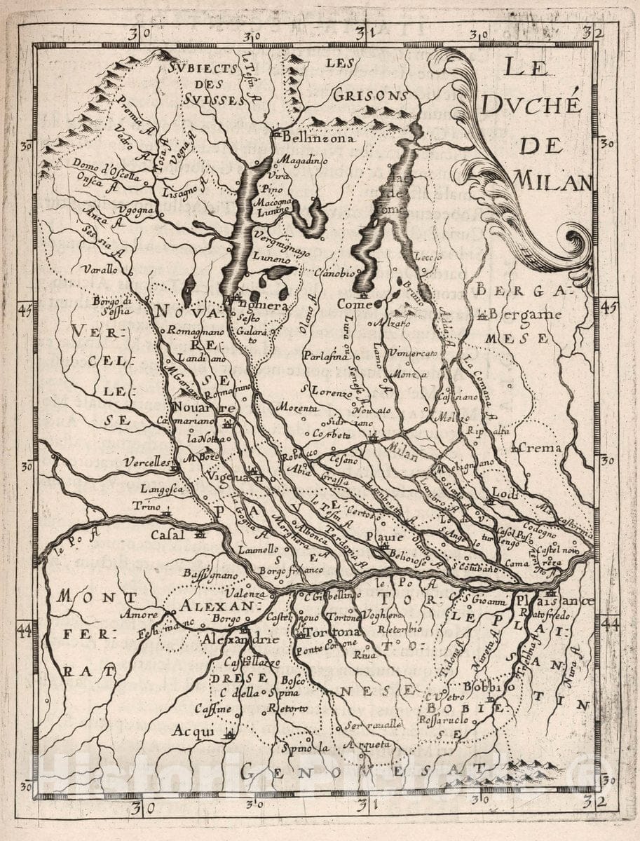 Historic Wall Map : Duchy of Milan (Italy) Le Duche de Milan, 1649 , Vintage Wall Art