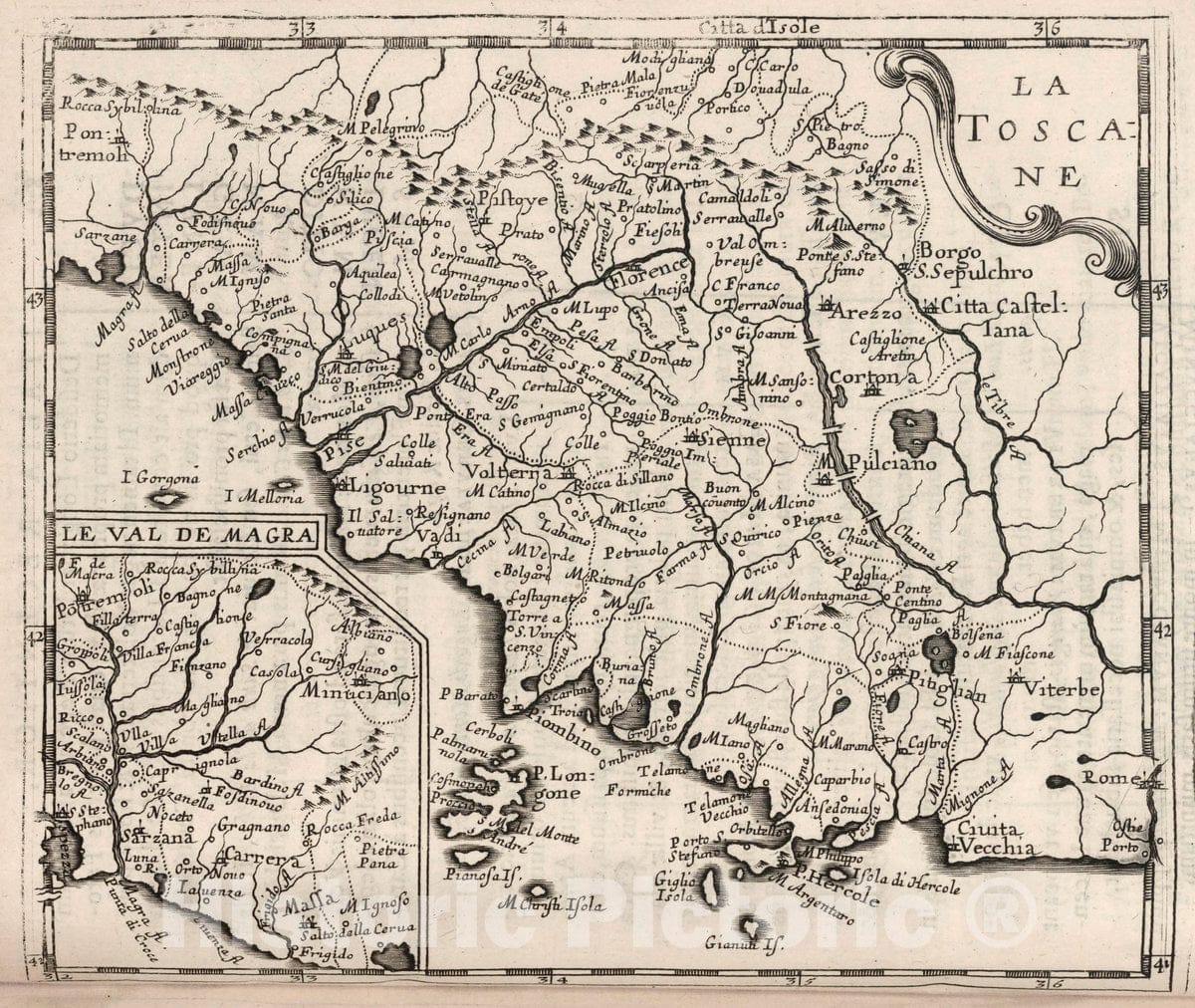 Historic Map : Tuscany (Italy) La Toscane. (Inset) Le Val de Magra, 1649 , Vintage Wall Art