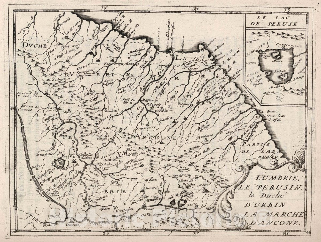 Historic Map : Umbria (Italy) L'Umbrie le Perusin le Duche D'Urbin la Marche D'Ancone, 1649 , Vintage Wall Art