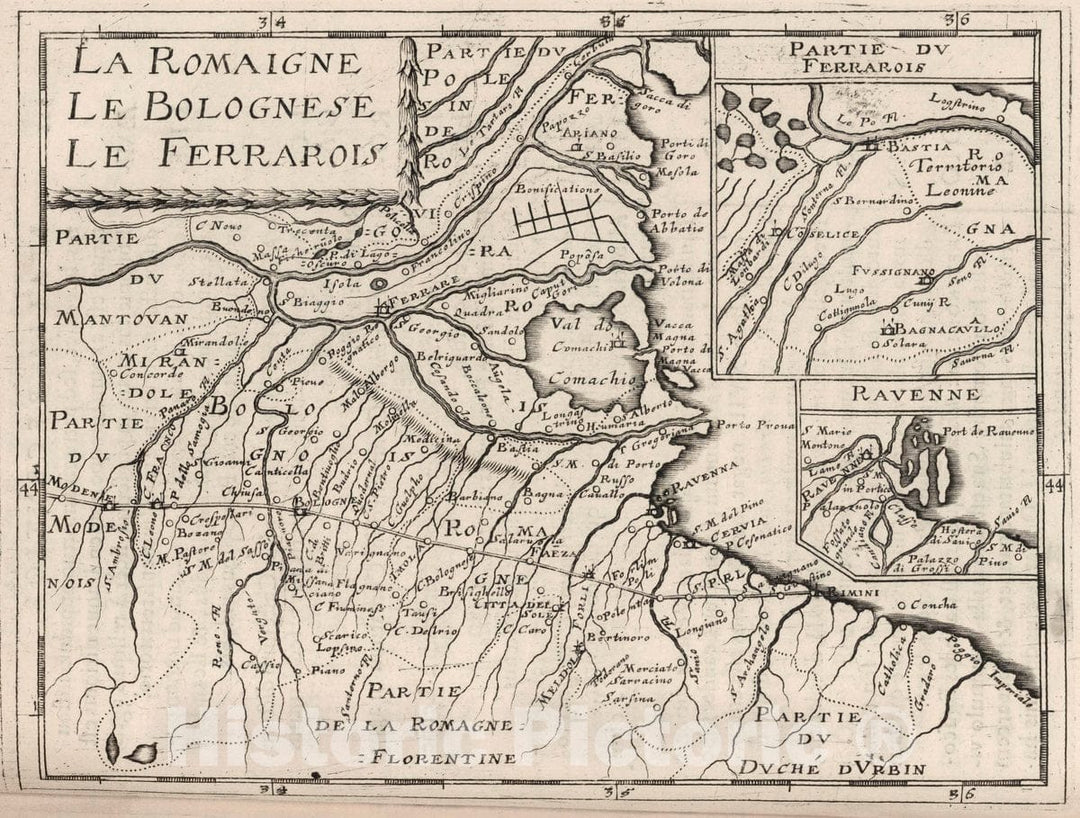 Historic Map : Ravenna (Italy) La Romaigne, Le Bolognese, Le Ferrarois, 1649 , Vintage Wall Art