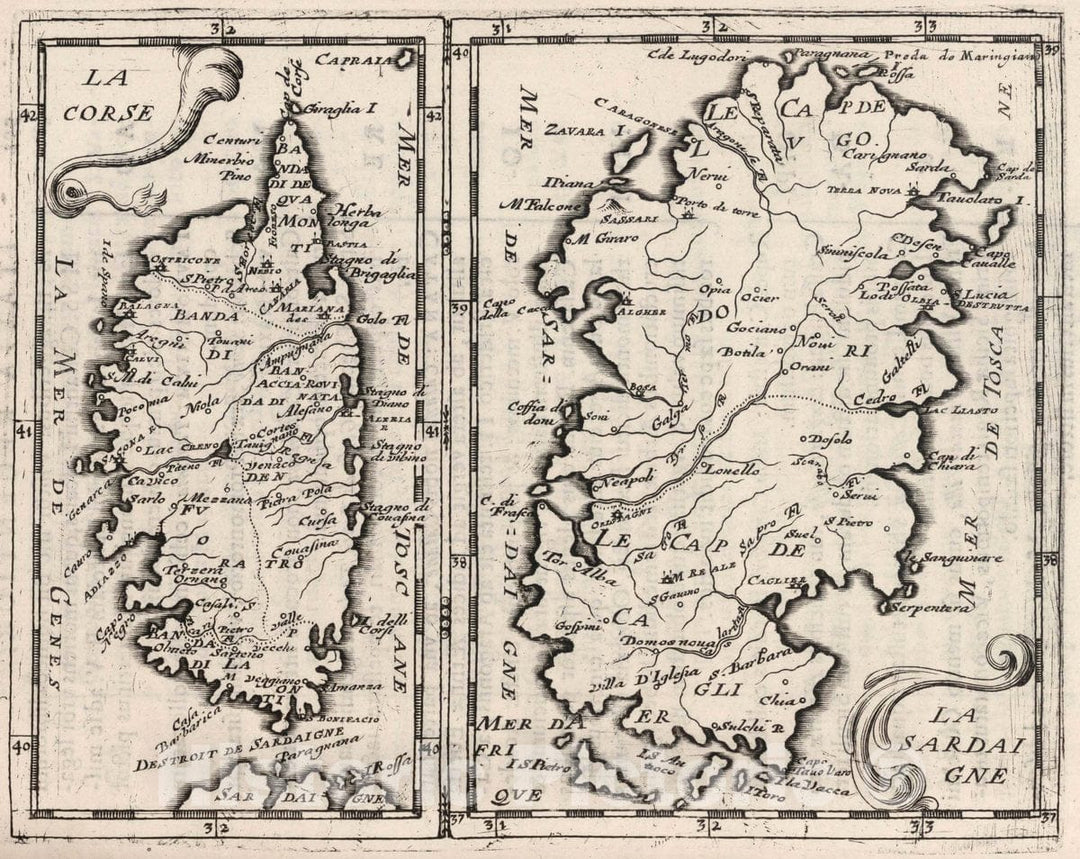 Historic Map : Corsica , France La Corse. La Sardaigne, 1649 v1 , Vintage Wall Art