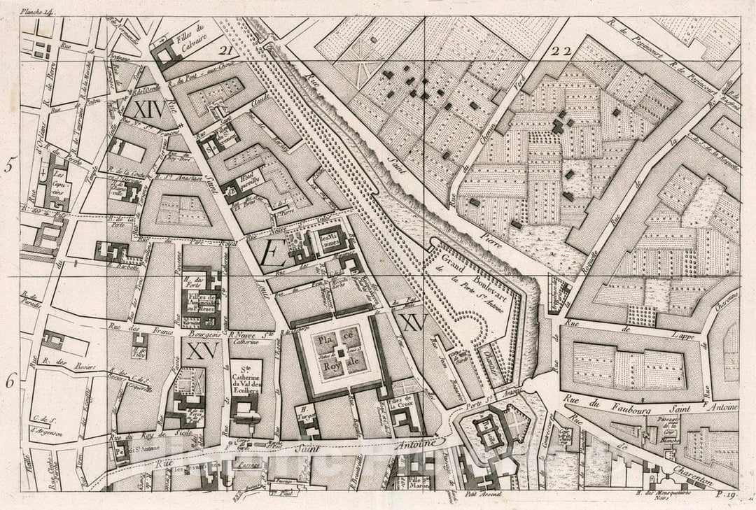 Historic Map : Paris , France, 14. Paris: Place Royale; Rue St. Louis, 1766 City Atlas , Vintage Wall Art