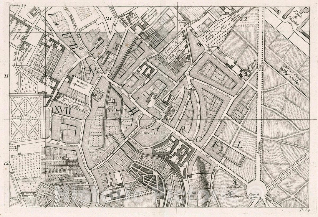 Historic Map : Paris , France, 29. Paris: St. Hipolite; Faubourg St. Marcel, 1766 City Atlas , Vintage Wall Art