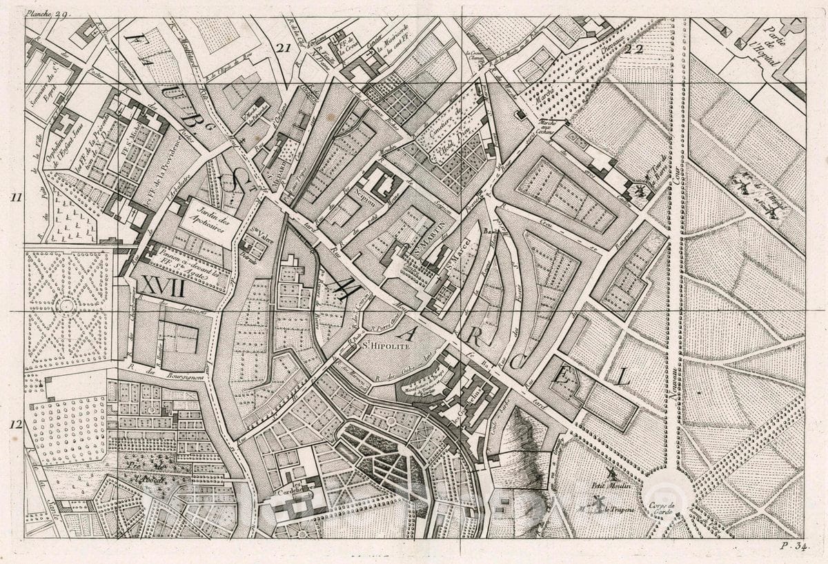 Historic Map : Paris , France, 29. Paris: St. Hipolite; Faubourg St. Marcel, 1766 City Atlas , Vintage Wall Art