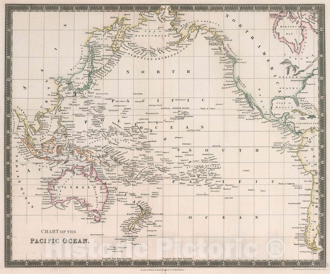 Historic Map : Chart of Pacific Ocean. Drawn & Engraved by J. Dower. London, Published by Henry Teesdale & Co, 1836 Atlas - Vintage Wall Art