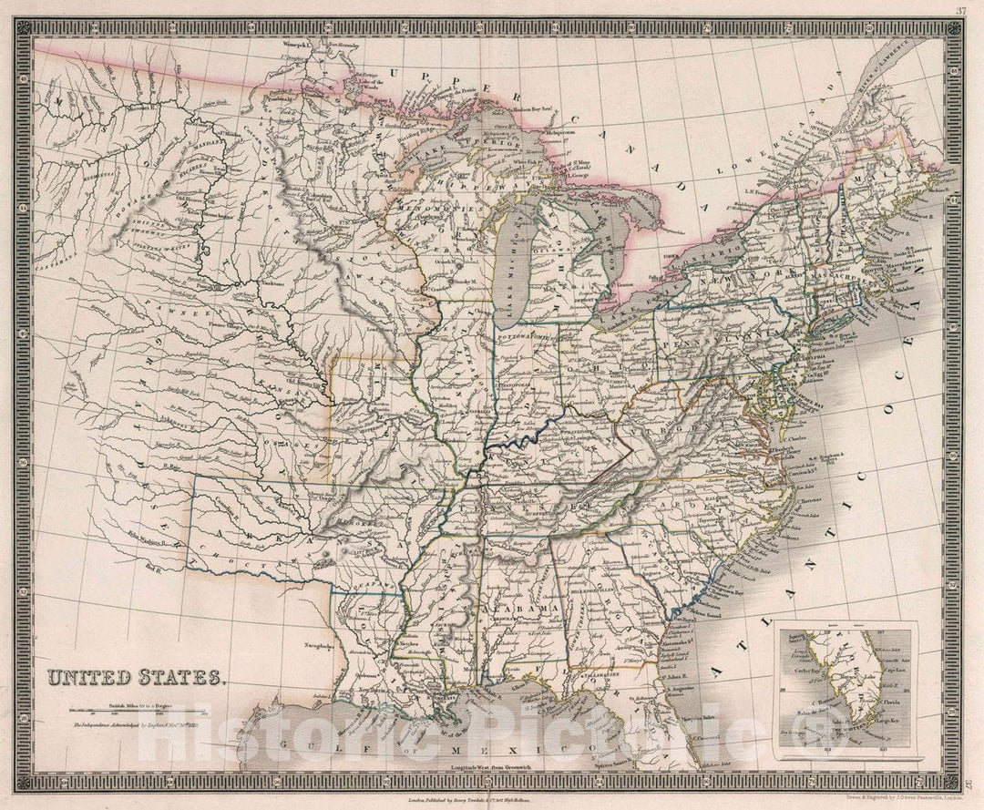 Historic Map : United States. Drawn & Engraved by J. Dower. London, Published by Henry Teesdale & Co, 1836 Atlas - Vintage Wall Art