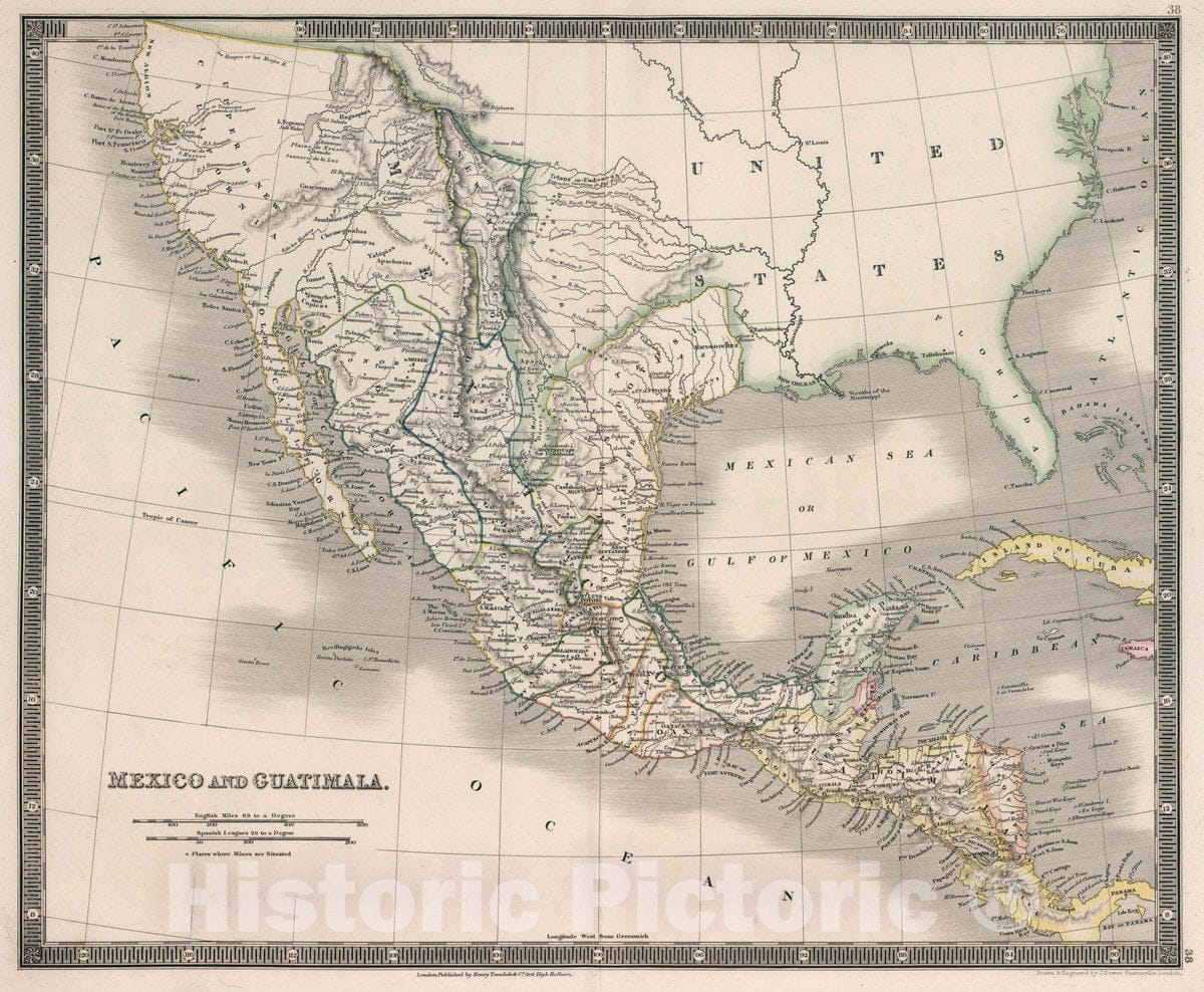 Historic Map : Mexico and Guatimala. Drawn & Engraved by J. Dower. London, Published by Henry Teesdale & Co, 1836 Atlas - Vintage Wall Art