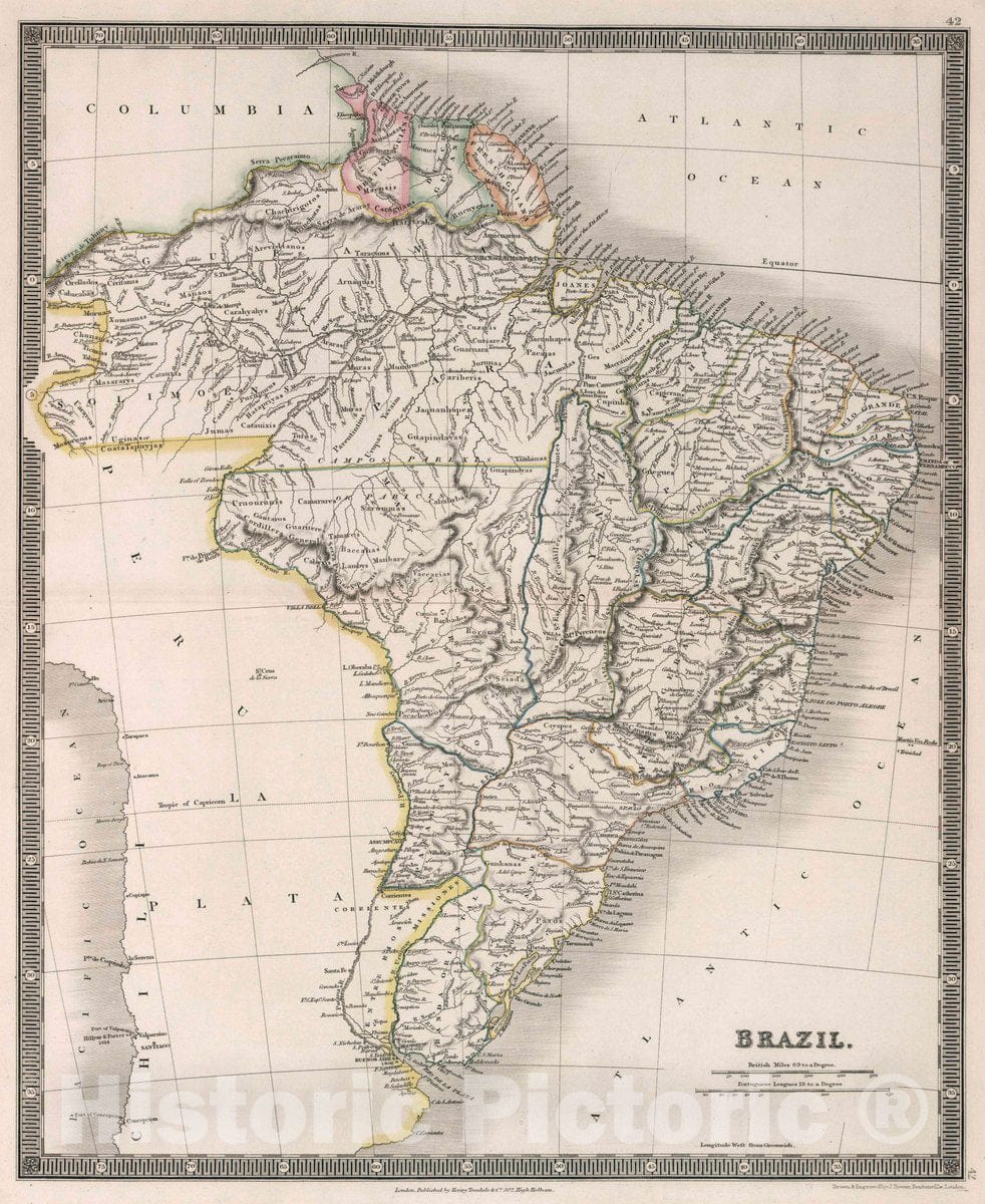 Historic Map : Brazil. Drawn & Engraved by J. Dower. London, Published by Henry Teesdale & Co, 1836 Atlas - Vintage Wall Art