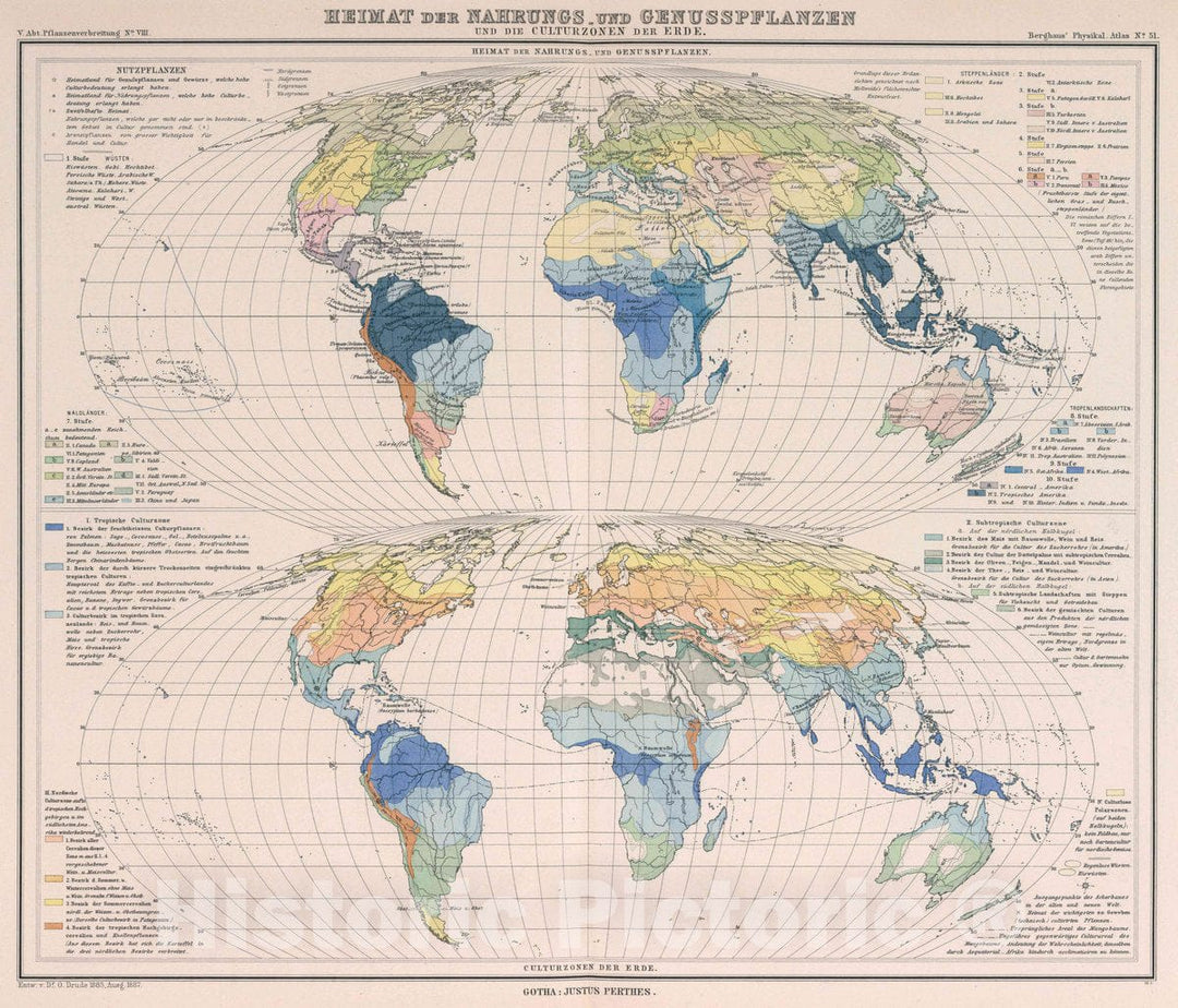 Historic Map : Heimat der Nahrungs und genusspflanzen und die culturezonen der Erde, 1887 Atlas - Vintage Wall Art