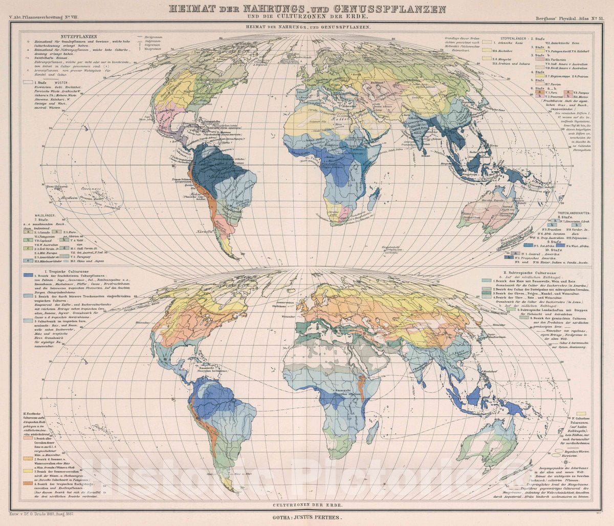 Historic Map : Heimat der Nahrungs und genusspflanzen und die culturezonen der Erde, 1887 Atlas - Vintage Wall Art