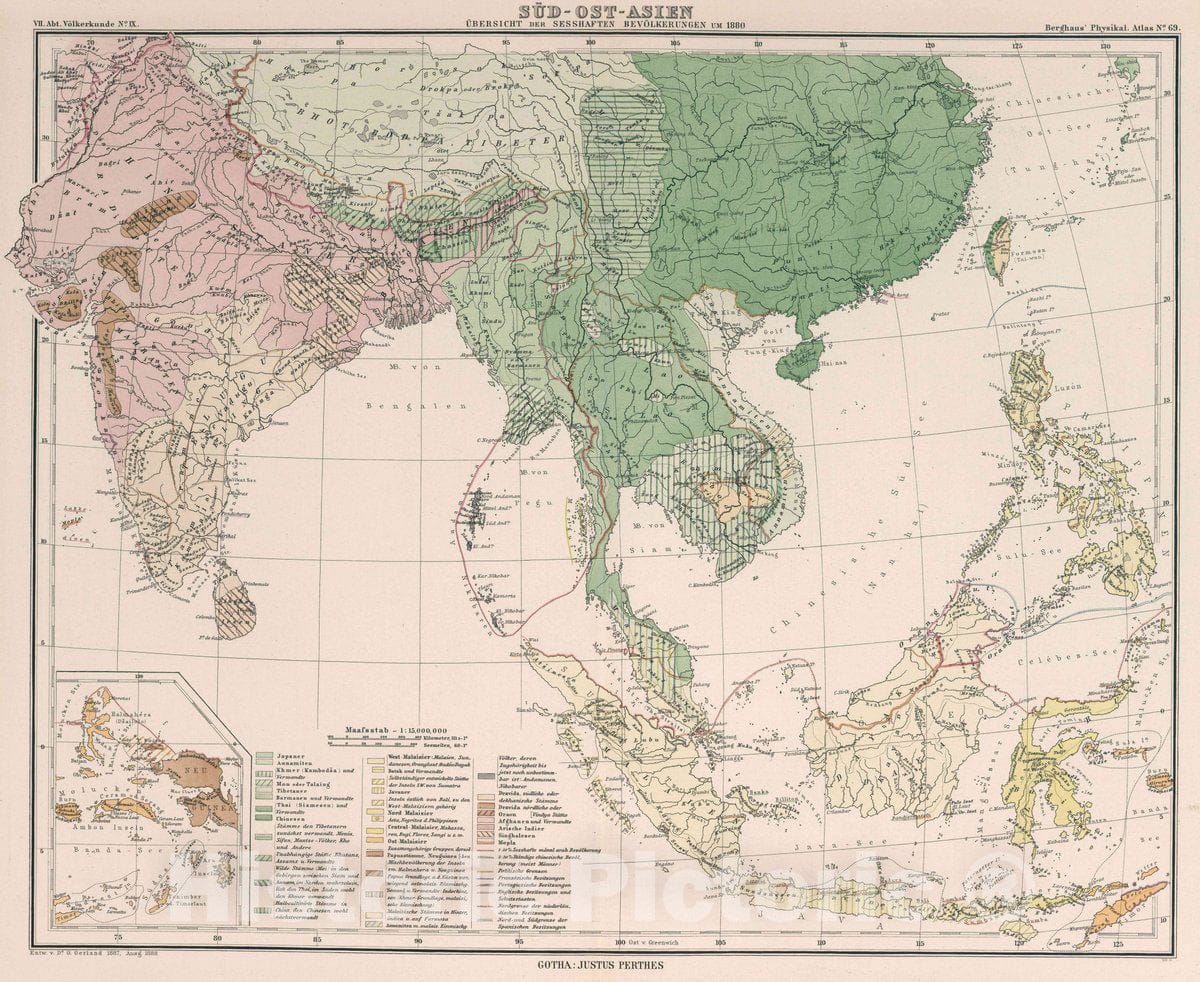 Historic Map : Southeast Asia Sudost-Asien Ubersicht der sesshaften bevolkerungen um 1800, 1888 Atlas , Vintage Wall Art