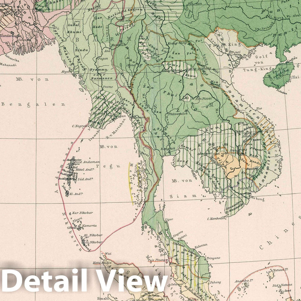 Historic Map : Southeast Asia Sudost-Asien Ubersicht der sesshaften bevolkerungen um 1800, 1888 Atlas , Vintage Wall Art