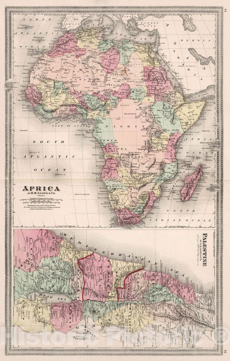 Historic Map : 1874 Africa. by H. H. Lloyd & Co. New York. Palestine. by H. H. Lloyd & Co. New York. - Vintage Wall Art