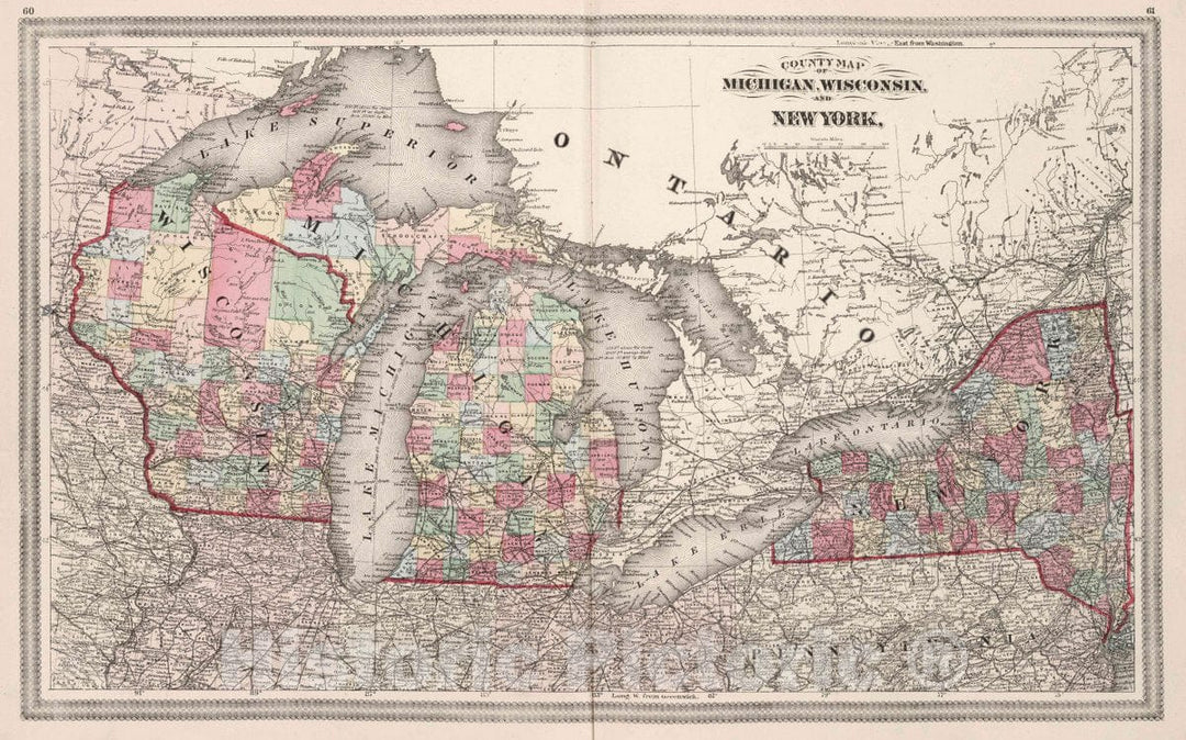 Historic Map : 1874 County map of Michigan, Wisconsin, and New York - Vintage Wall Art