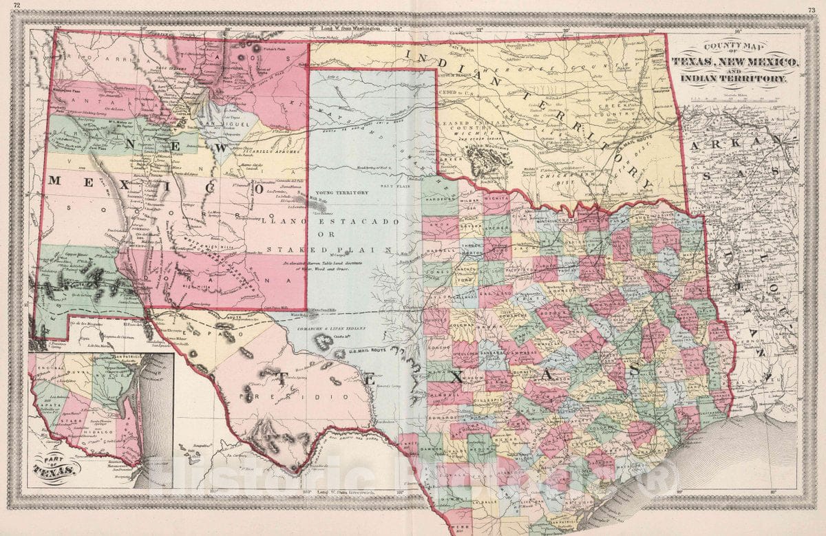 Historic Map : County map of Texas, New Mexico, and Indian Territory, 1874 Atlas - Vintage Wall Art