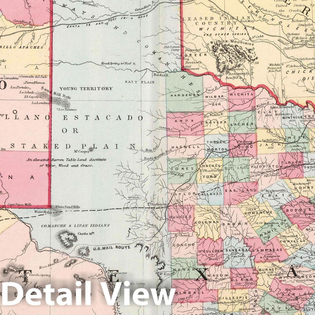 Historic Map : County map of Texas, New Mexico, and Indian Territory, 1874 Atlas - Vintage Wall Art