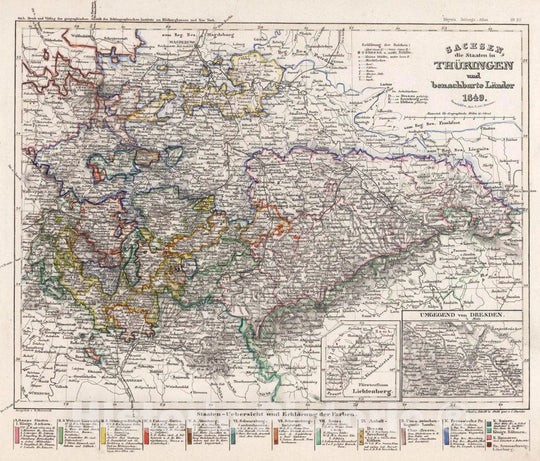 Historic Map : Germany, Europe, Central Sachsen, Thuringen und benachbarte Lander, 1849 Atlas , Vintage Wall Art