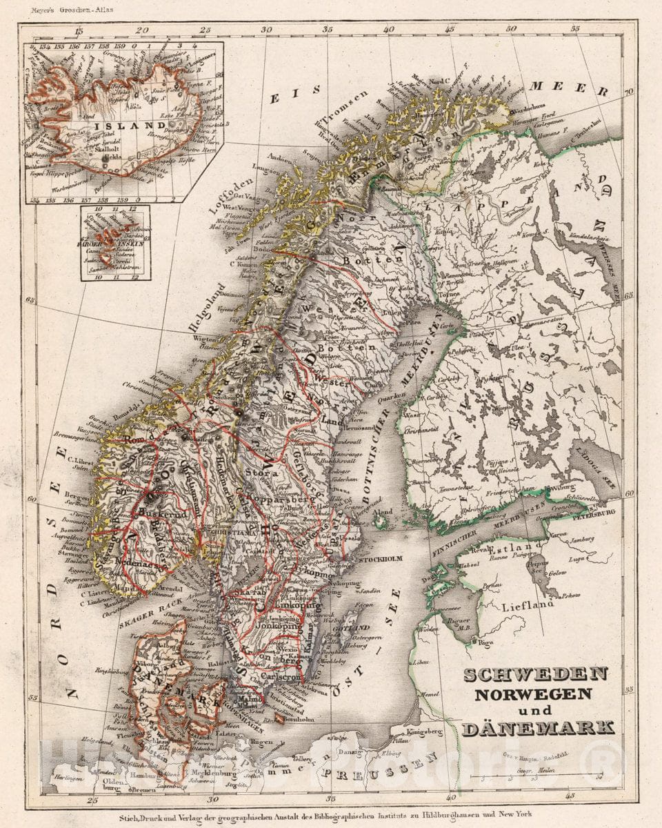 Historic Map : Denmark, Scandinavia Schweden Norwegen und Danemark, 1854 Atlas , Vintage Wall Art