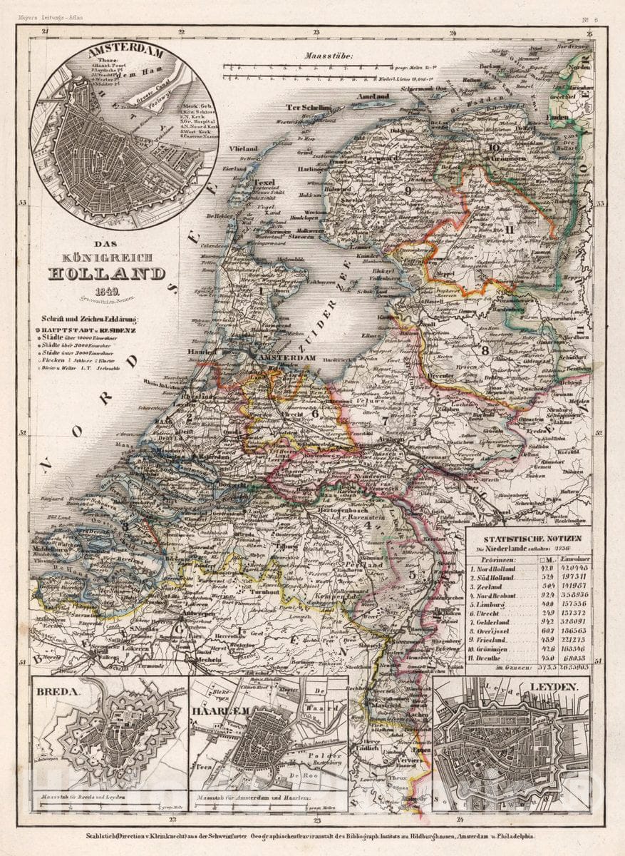 Historic Map : Netherlands, Das Konigreich Holland 1849, Vintage Wall Art