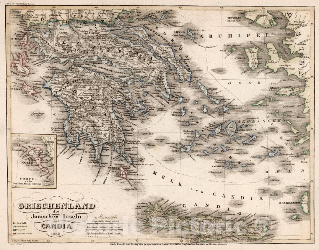 Historic Map : Greece, Crete (Greece) Griechenland die Jonischen Inseln und Candia 1852, 1852 Atlas , Vintage Wall Art