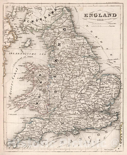 Historic Wall Map : England 1852. Bergzeichnung v. Hauptmann Radefeld. (In upper margin) Meyer's Groschen (to accompany: Meyer's Zeitungs und Groschen aller, 1852Vintage Wall Art