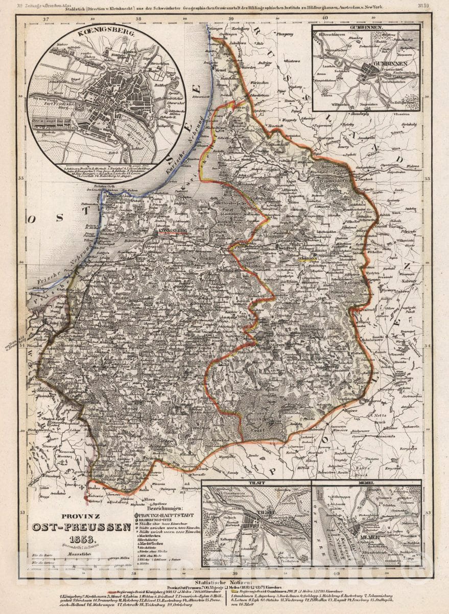 Historic Wall Map : Prussia , Germany, Provinz Ost-Preussen. 1853. Gez. v. Art. Pr. Ltn. Renner. Stahlstich (Direction v. Kleinknecht), 1853 Atlas , Vintage Wall Art