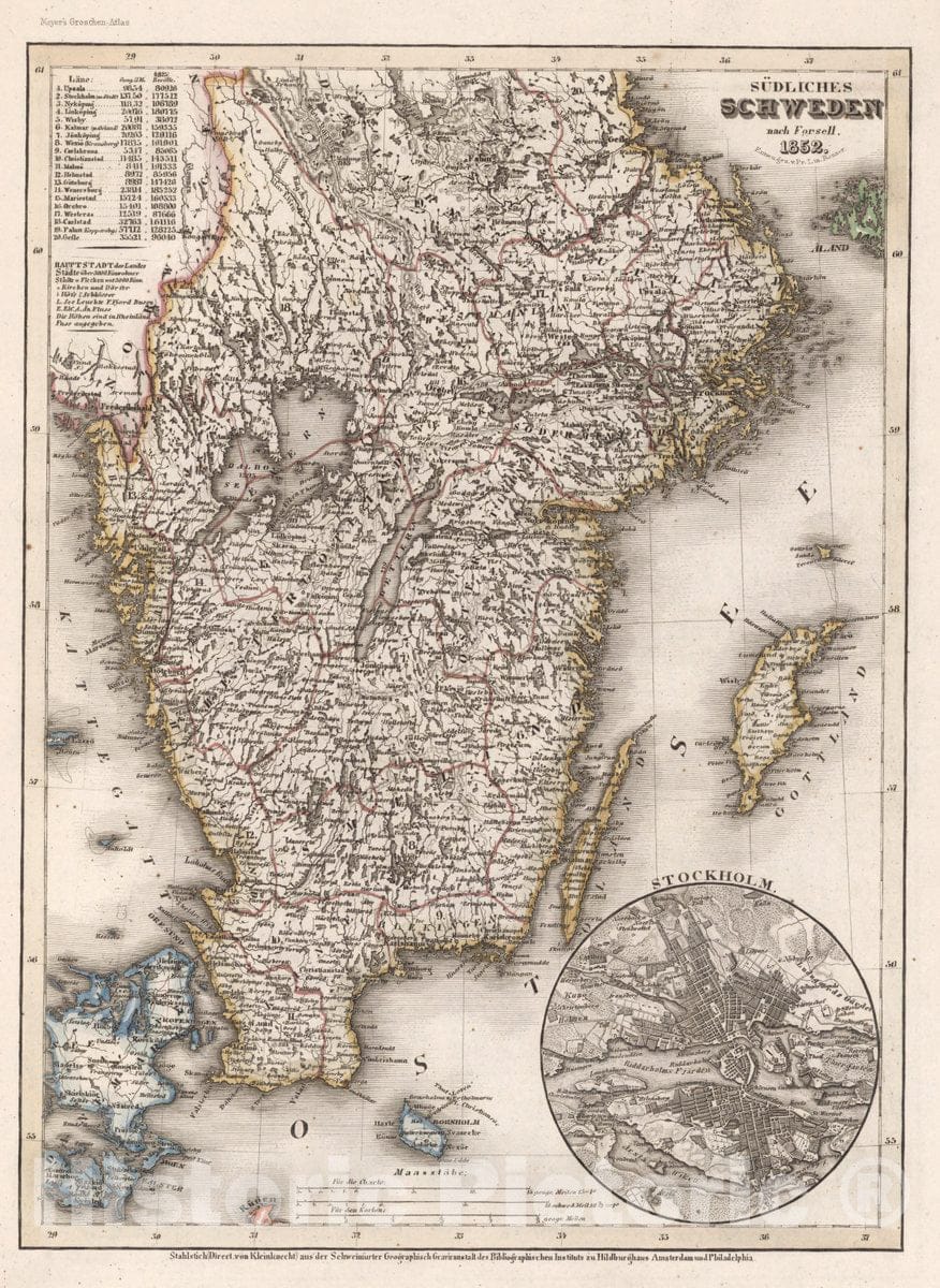 Historic Map : Sweden, Sudliches Schweden nach Forsell, 1852 , Vintage Wall Art