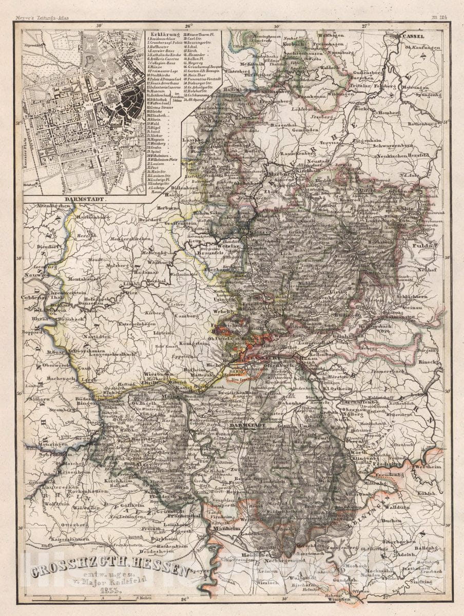 Historic Map : Germany, Grosshzgth. Hessen. Entw. u. gez. v. Major Radefeld. 1853. (in Upper Margin) Meyer's Zeitungs Atlas. No. 124, 1853 Atlas , Vintage Wall Art