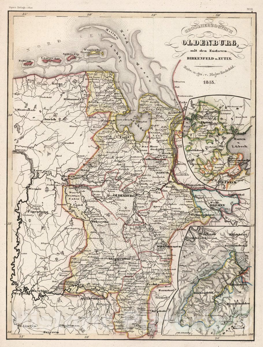 Historic Map : Germany, Grossherzogthum Oldenburg, mit den Enclaven Birkenfeld u. Eutin, 1853 Atlas , Vintage Wall Art