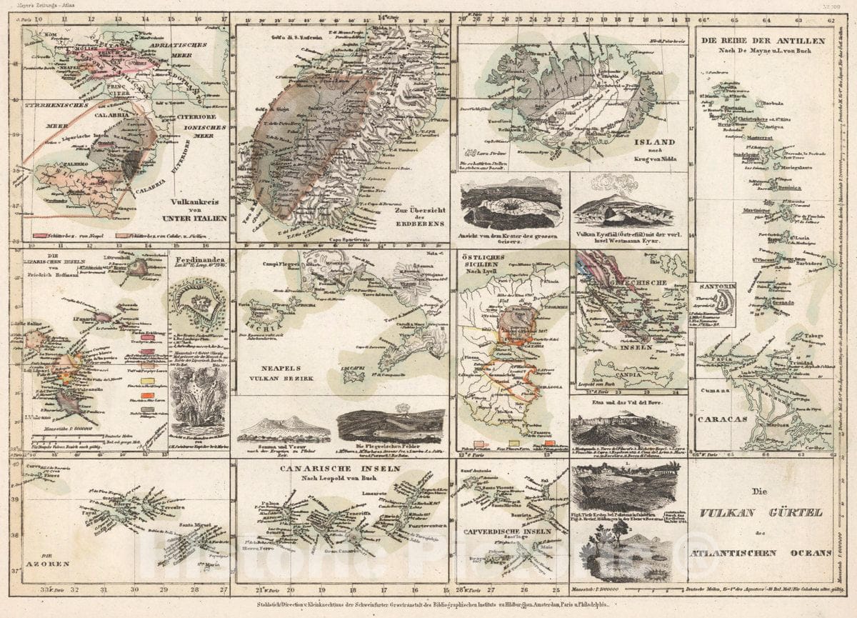 Historic Wall Map : Atlantic Ocean Die vulkan Gurtel des Atlantischen Oceans, 1853 Atlas , Vintage Wall Art