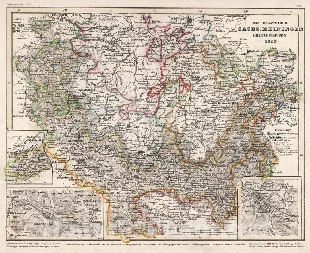 Historic Map : Germany , Hildburghausen Germany, Saxony Das Herzogthum Sachs. Meiningen Hildburghausen, 1853 Atlas , Vintage Wall Art