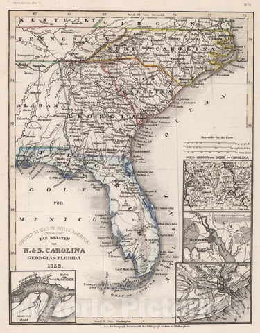 Historic Map : United States, U.S. South, Die staaten von N. & S. Carolina, Georgia & Florida 1853 , Vintage Wall Art