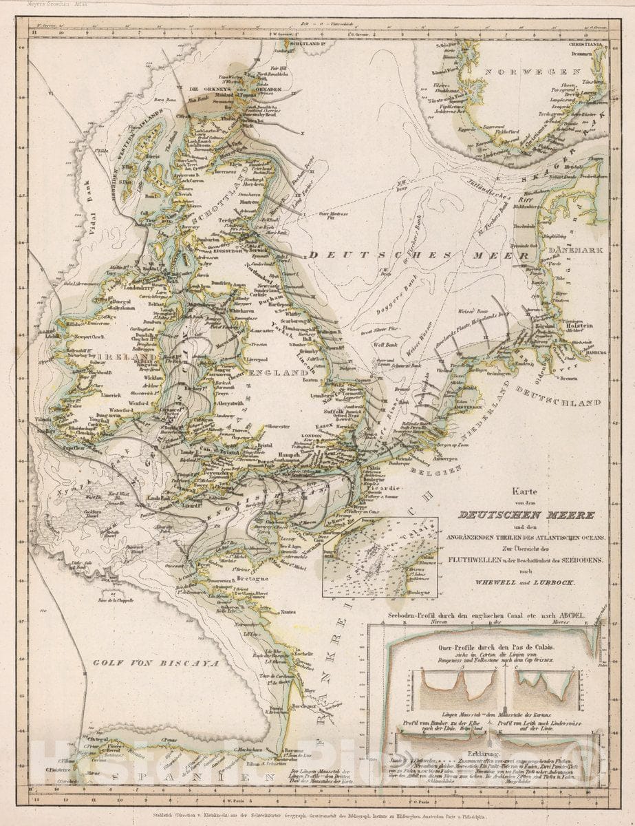 Historic Map : England, English Channel Karte von dem Deutschen Meere und den Angranzenden Theilen Des Atlantischen Oceans , Vintage Wall Art