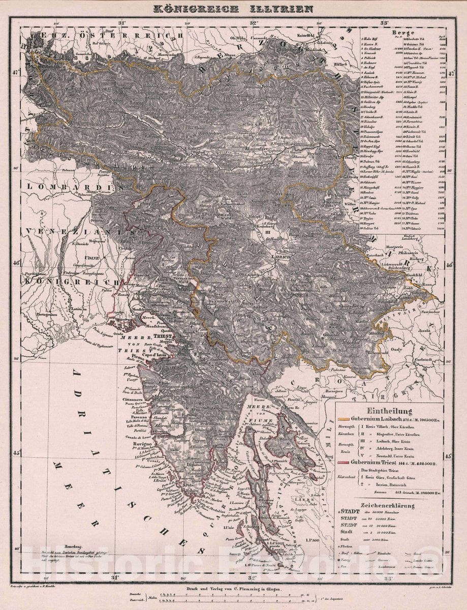 Historic Map : Slovenia, Koenigreich Illyrien, 1847 Atlas , Vintage Wall Art