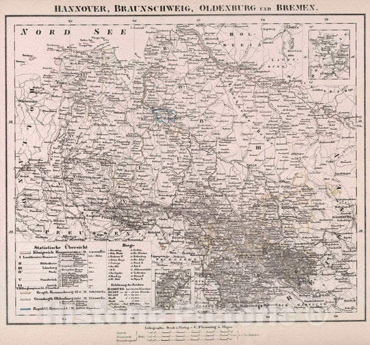 Historic Map : Hannover , Germany Hannover, Braunschweig, Oldenburg und Bremen, 1847 Atlas , Vintage Wall Art