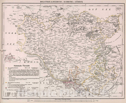 Historic Map : Holstein , Germany Holstein Lauernburg, Hamburg u. Luebeck, 1847 Atlas , Vintage Wall Art