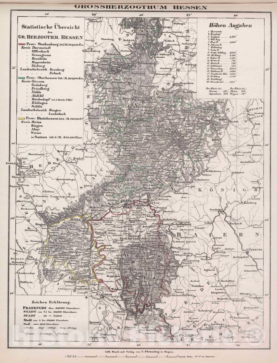 Historic Map : Frankfurt , Germany Grosshertzogthum Hessen, 1847 Atlas , Vintage Wall Art